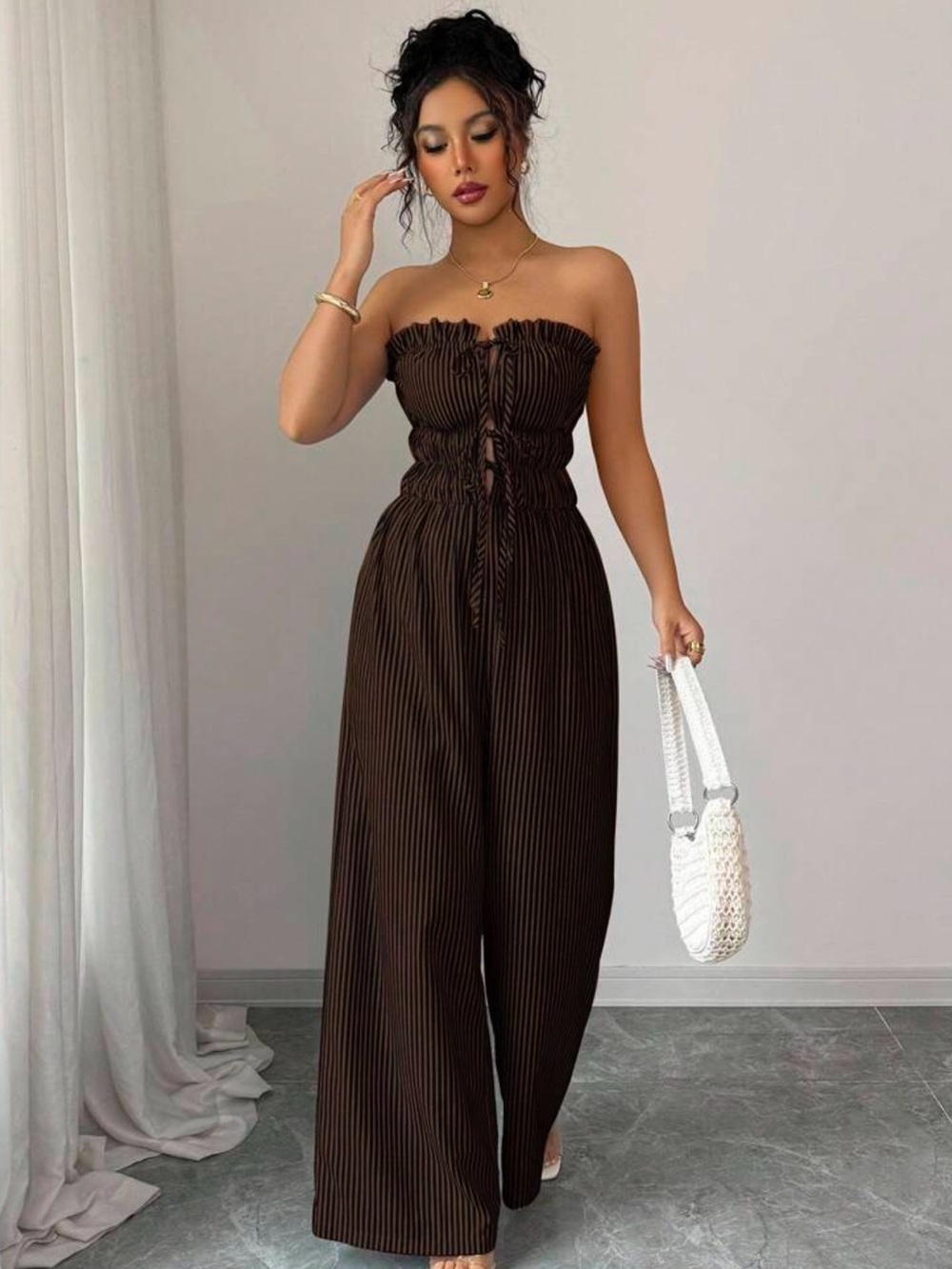 Ovelo Brown Striped Strapless Wide Leg Jumpsuit – Women’s Casual Bandeau